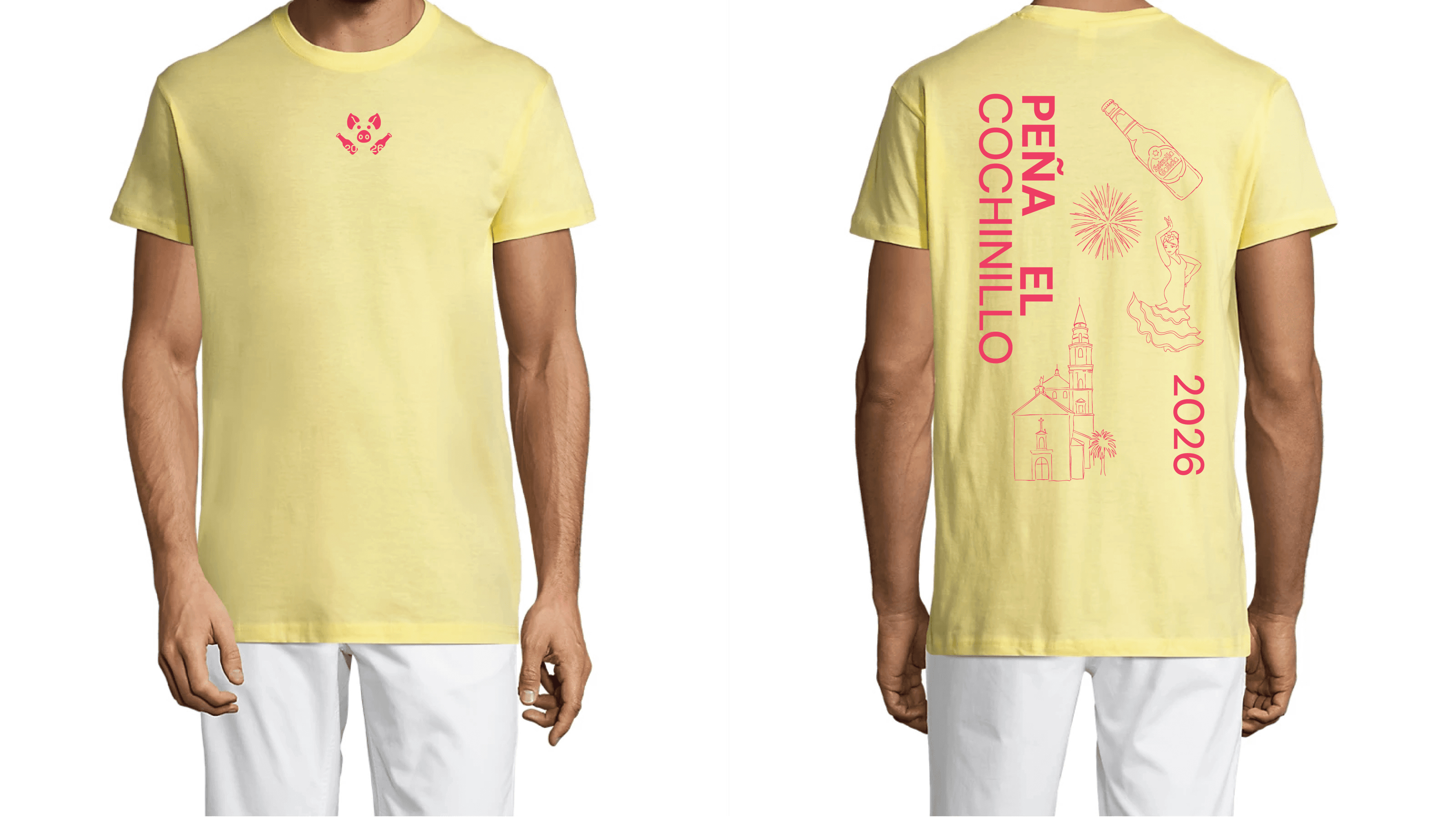 Camiseta amarilla con el estampado en rosa. Delante, el cochinillo con el año; en la espalda, «Peña El Cochinillo 2026» con la ermita, una bailaora, una botella y unos fuegos artificiales.